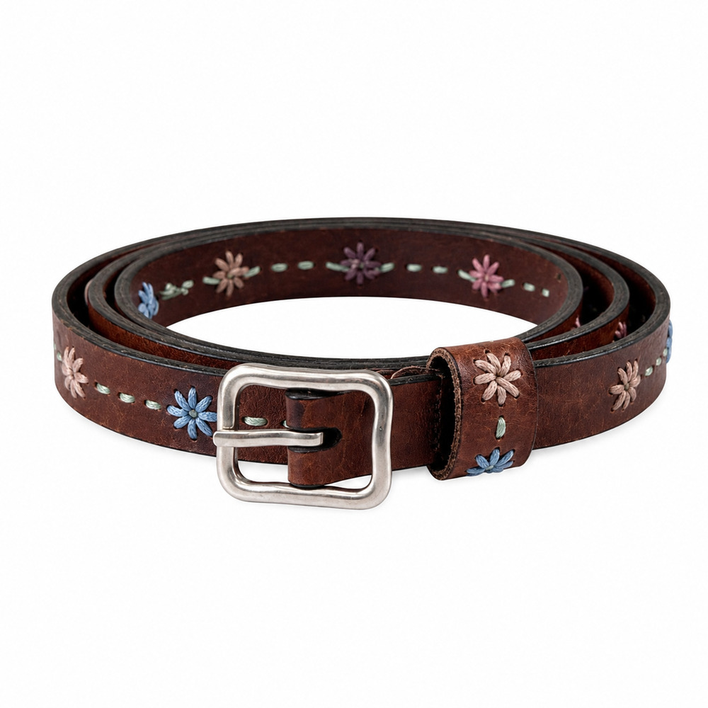Dockers Brown Genuine Leather Belt L 39in Floral Embroidered Boho Y2K